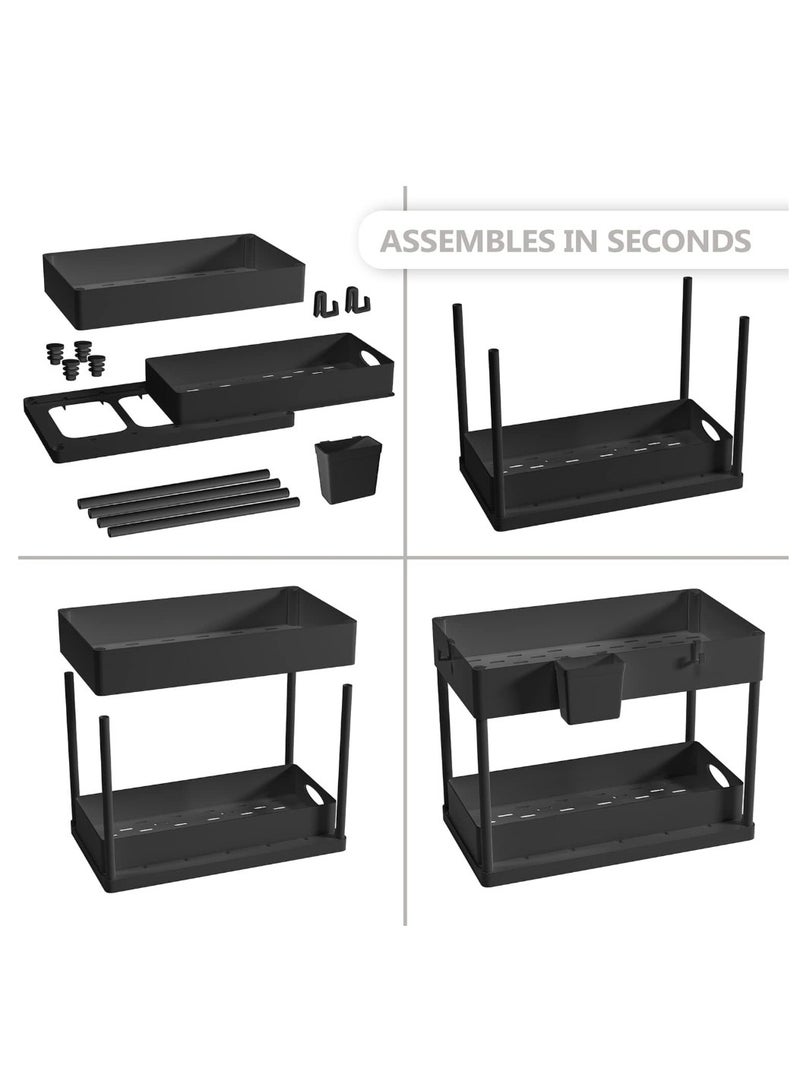 eBasket (2 pieces) Multi-purpose organizers under the sink storage units - 2-tier sliding shelf organizer for bathroom and kitchen with hooks and hanging cups, under-sink storage rack for home (black) - Image 3